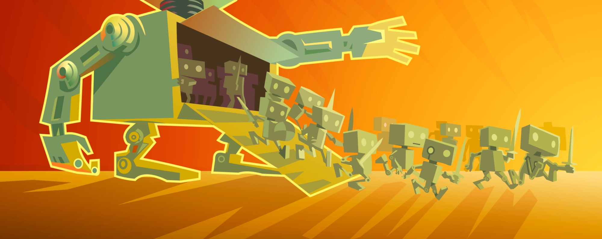 Robots going into battle: They are carrying swords and come flooding out of the belley, down a ramp of a huge robot-behemoth who is holding out its arm like an order to attack. The background is in red and orange as if on fire.